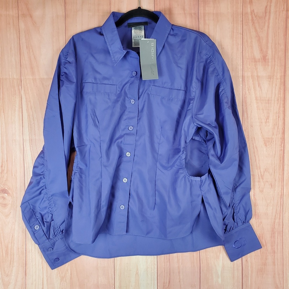 Reebok X Cardi B Cut Out Top Womens Medium‎ Purple Logo Twill Button Up Casual